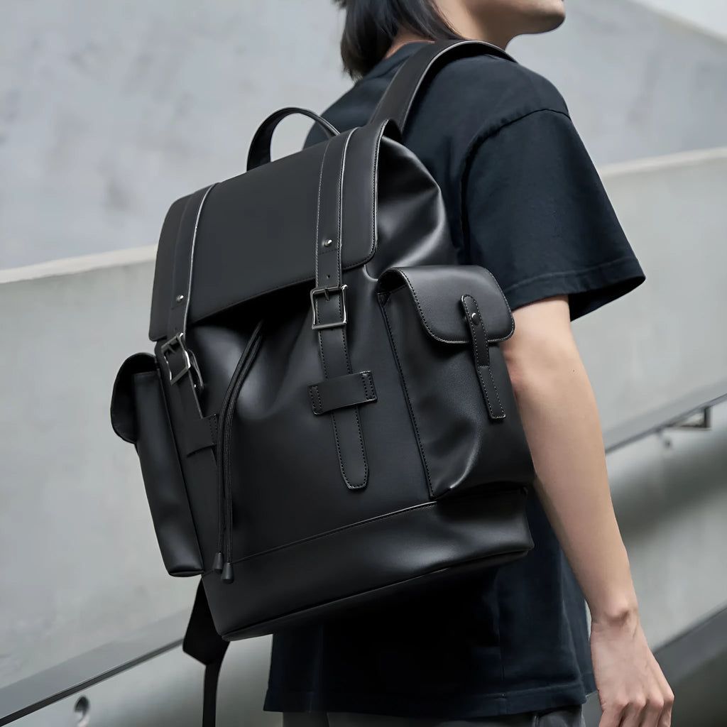 Men's black PU leather backpack large capacity business computer bag with waterproof function