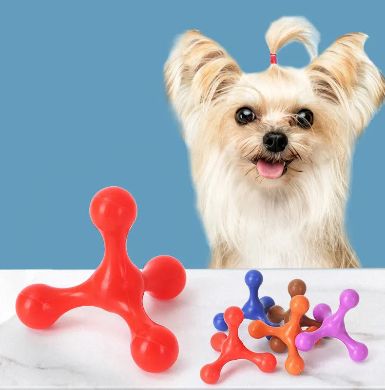 Blue silicone dog chew toy with three flexible legs for teething puppies