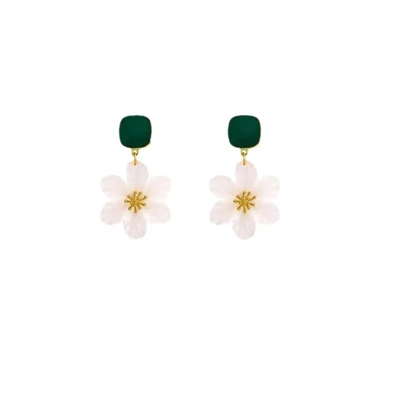 Dark green needle flowers design women's earrings in sterling silver tone alloy