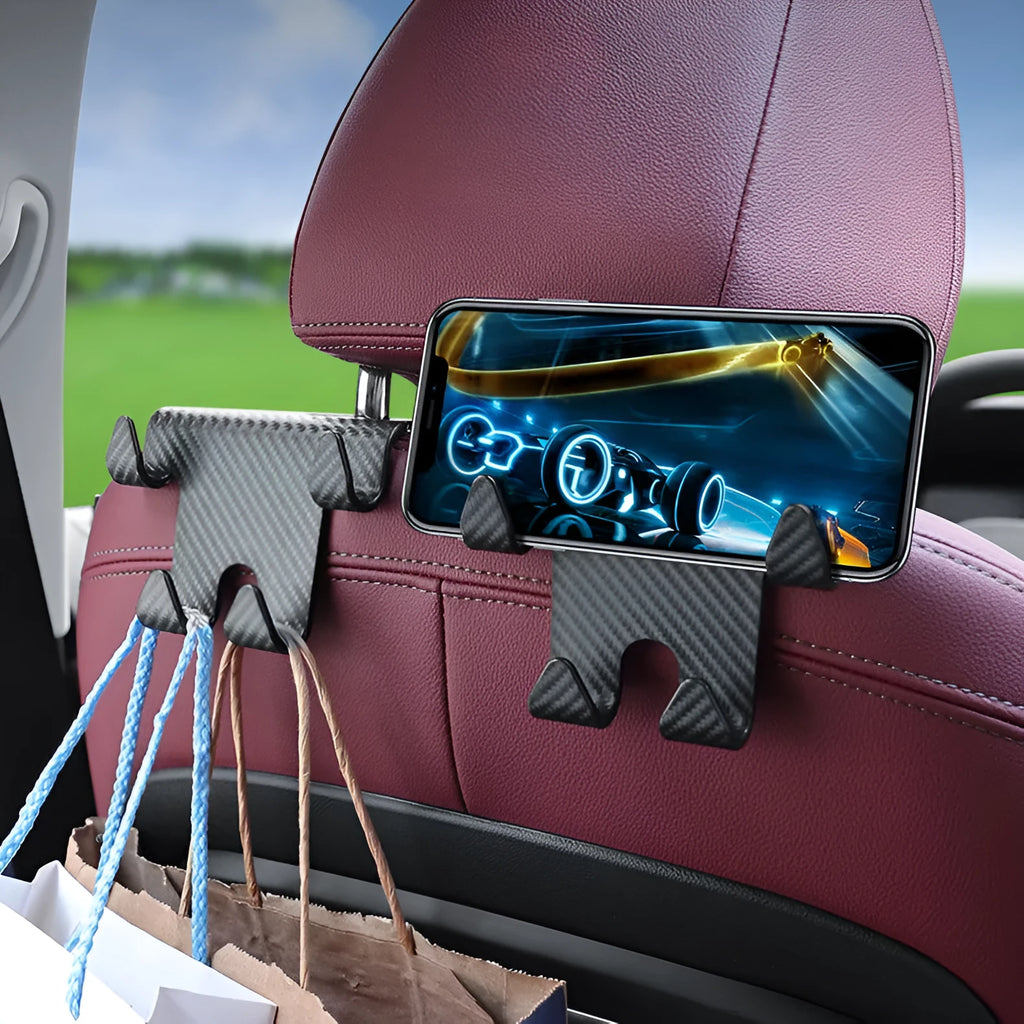 Black car multifunction hook with integrated phone holder for rear seat storage