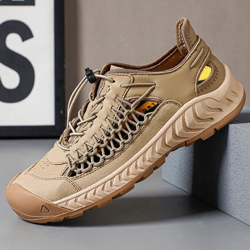 Men's hand-woven closed-toe sandals with elastic band and non-slip rubber sole