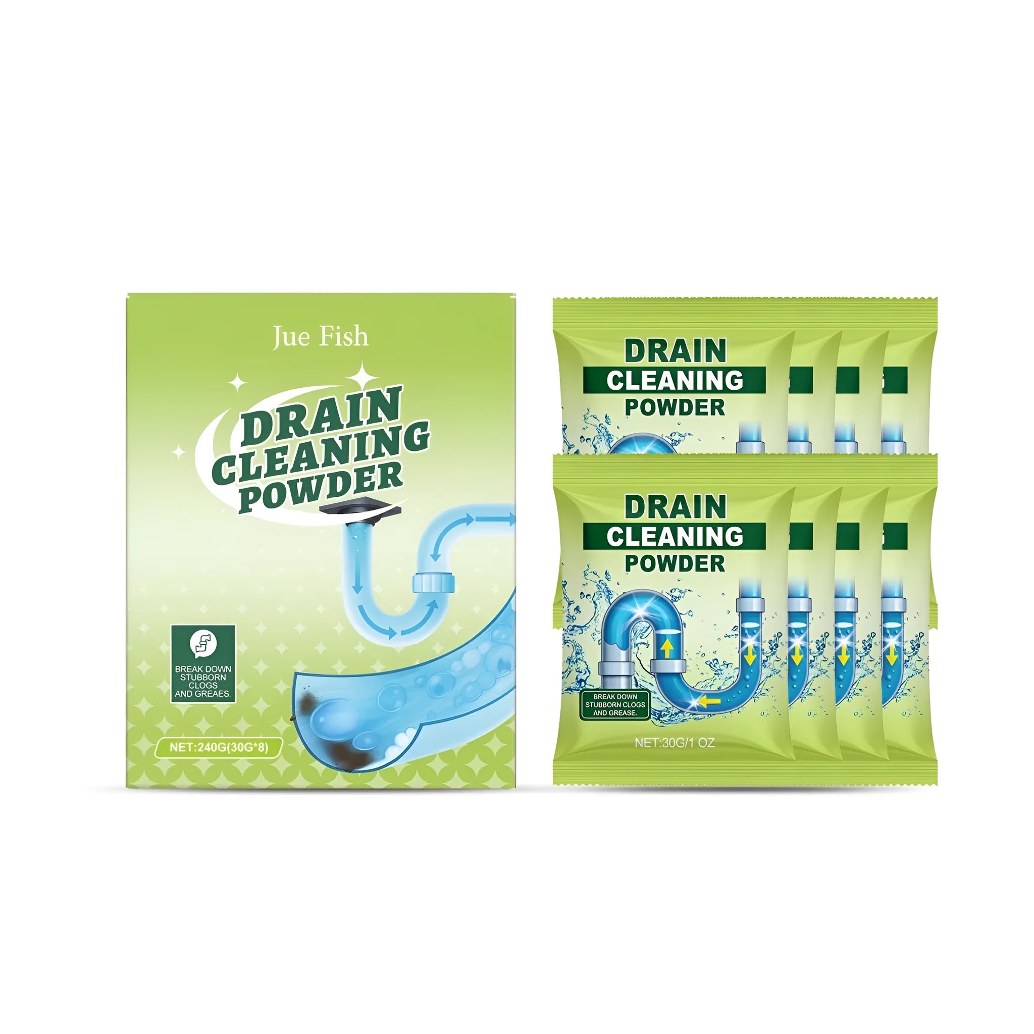 240g drain cleaning powder pack with eight individual 30g sachets for sink and shower unblocking
