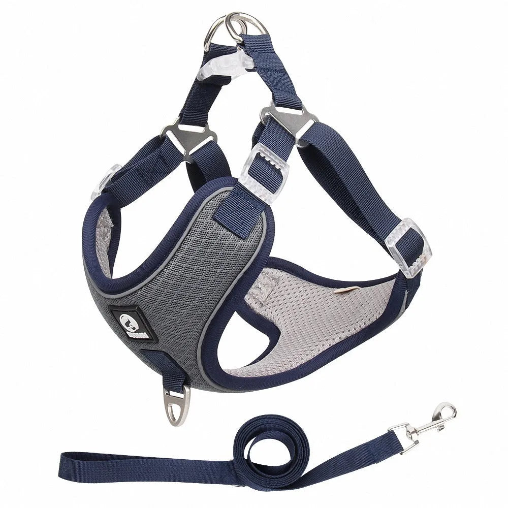 Adjustable dog harness with reflective piping in black, red, grey or light purple colours