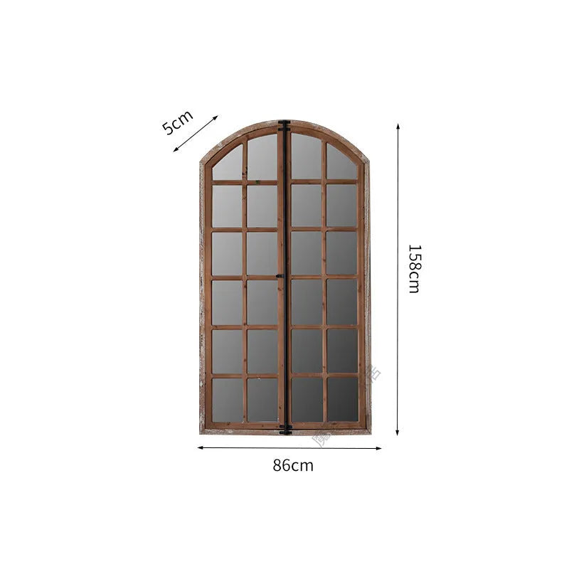 Distressed wooden frame fake window wall mirror with glass panel in log colour