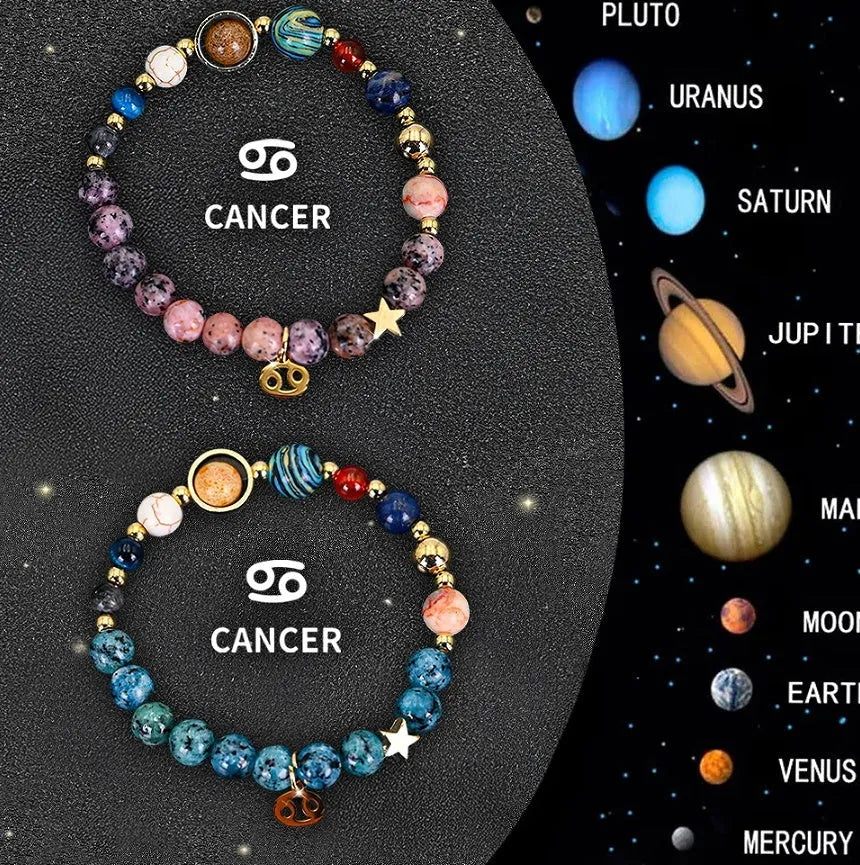 Natural stone zodiac beaded bracelet set showing twelve different sign designs with colourful crystal beads on adjustable cords
