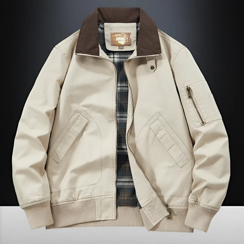 Men's plus size washed cotton baseball flight jacket shown in camel colour.