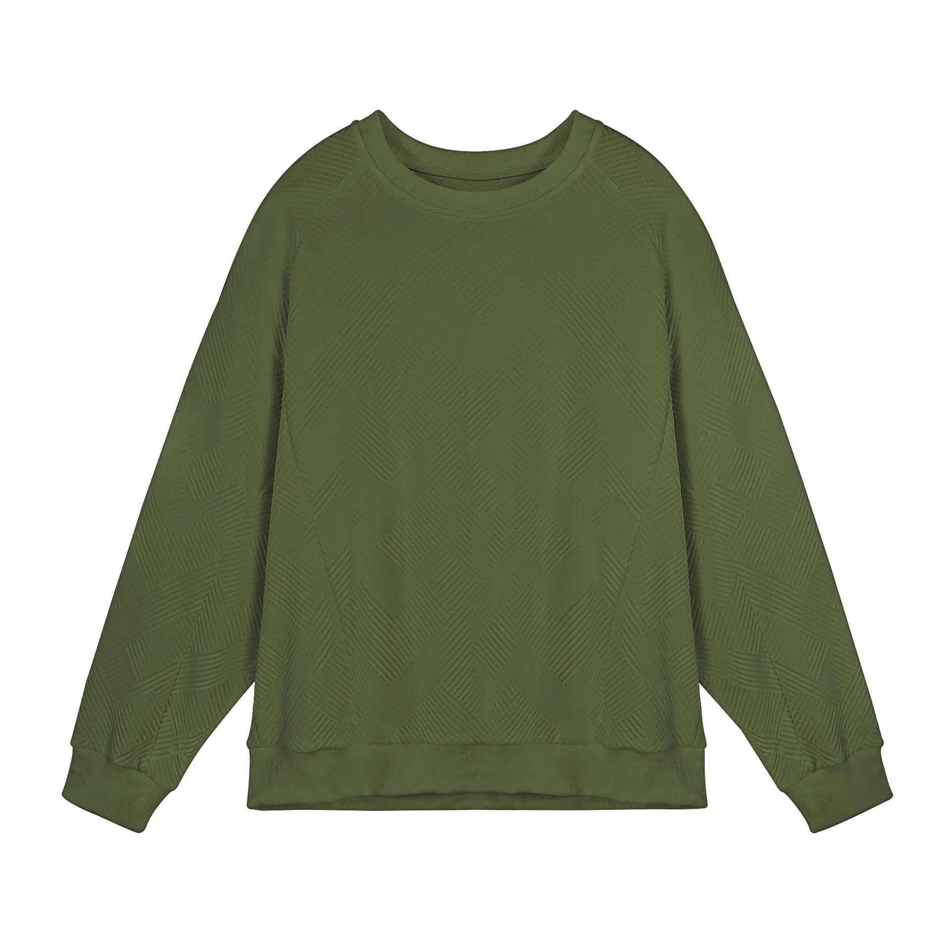 Men's loose fit twill jacquard pullover sweater in Army Green colour showing round neck and long sleeves