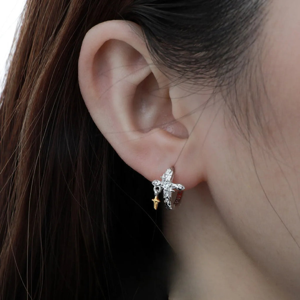 Geometric cross earrings in 925 sterling silver with white gold colour finish featuring round design elements