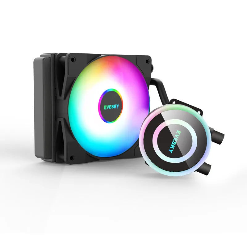 Aluminium CPU radiator with RGB fan lighting mounted in a gaming PC case.