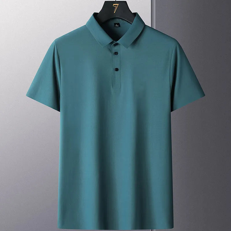 Men's solid colour non-ironing short sleeve shirt in a business casual style on a hanger.
