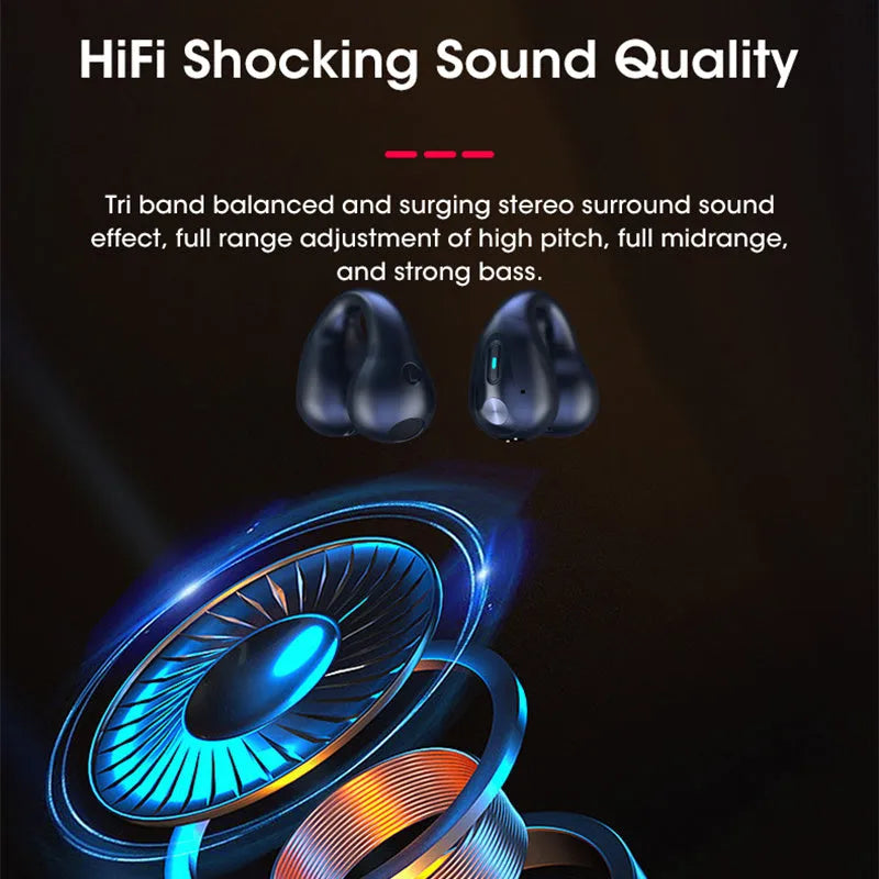 Black bone conduction Bluetooth headset clip worn on ear, showing ear clip design and bilateral speakers.