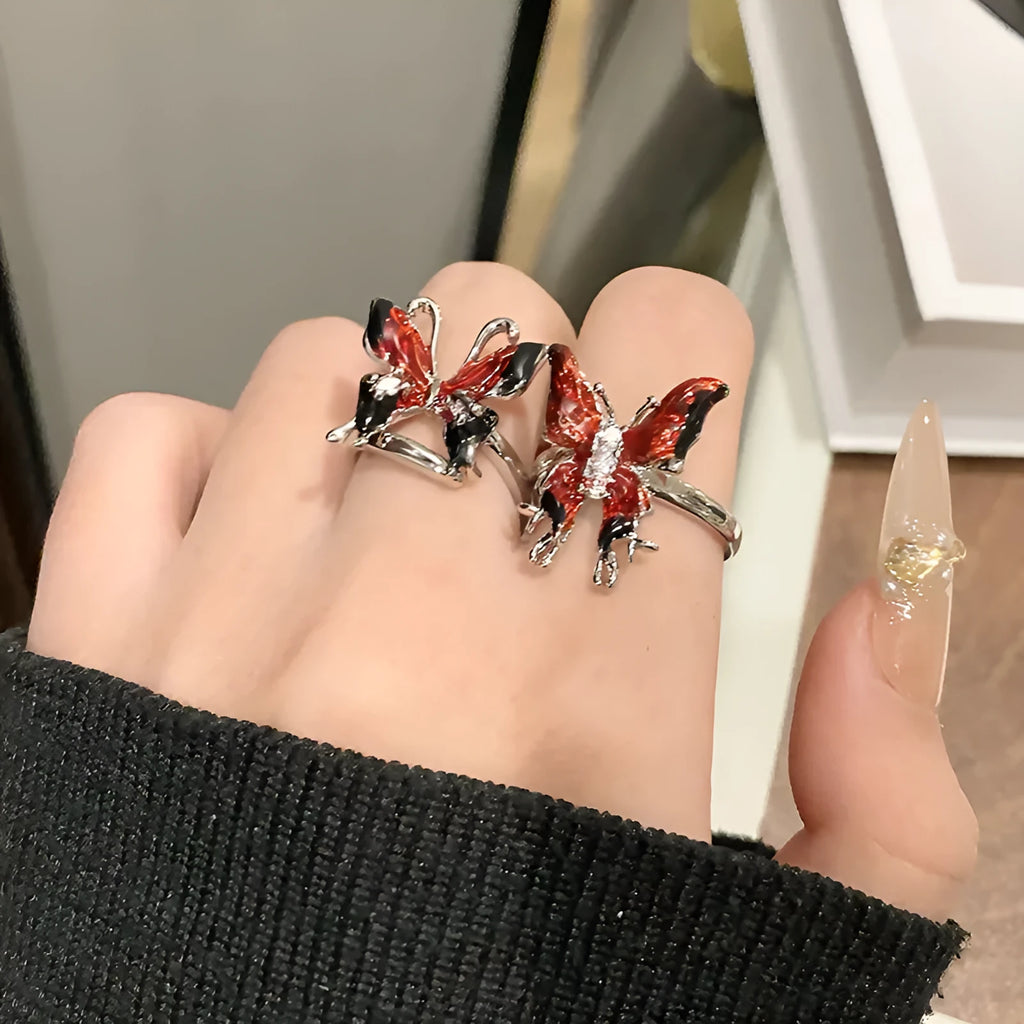 Women's copper butterfly ring with dripping oil finish and adjustable open loop design