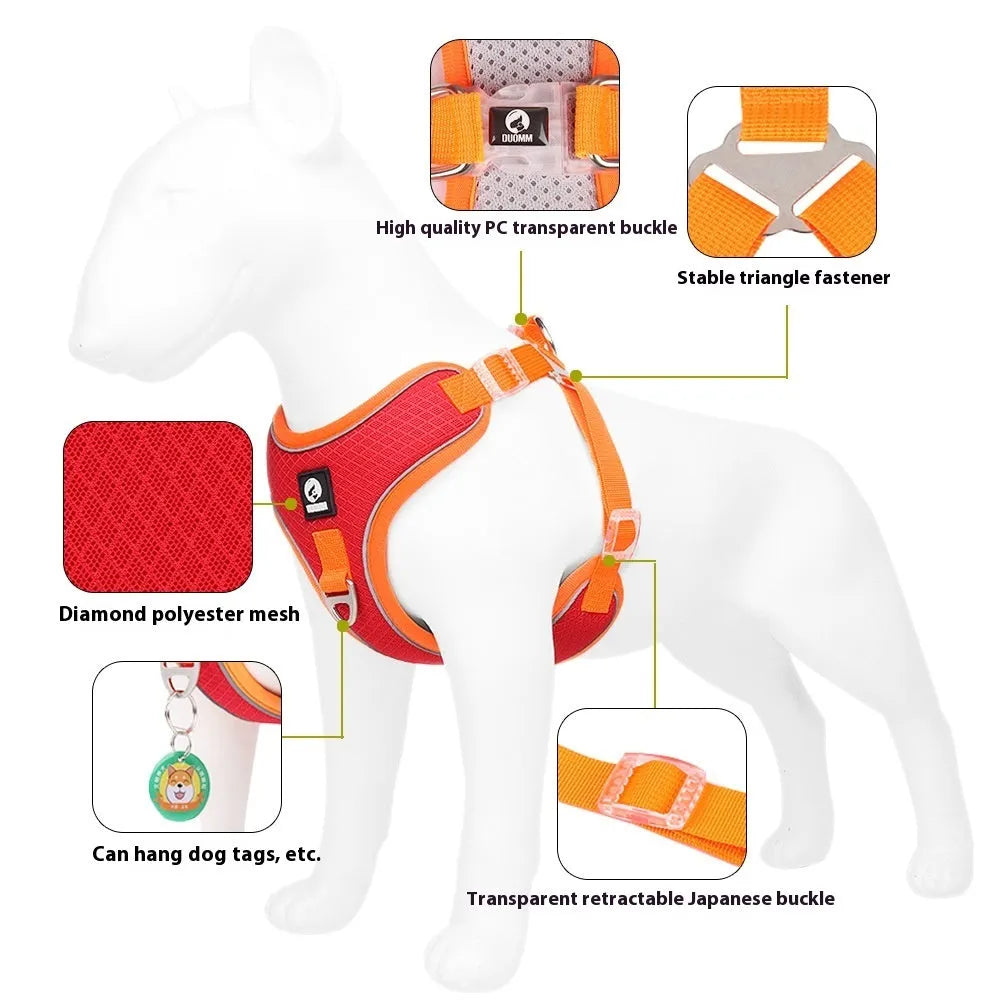 Adjustable dog harness with reflective piping in black, red, grey or light purple colours