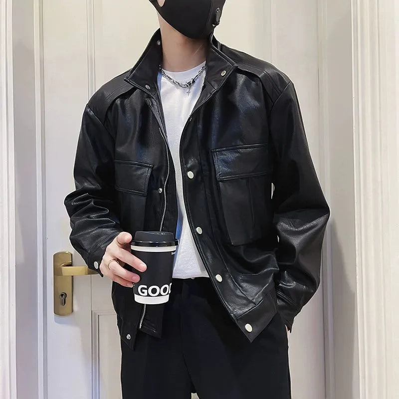 Men's black PU leather pilot jacket with straight hem and side seam pockets, Korean style.