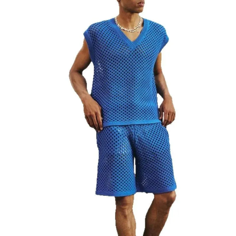 Men's blue knitted V-neck vest and shorts summer sports suit set