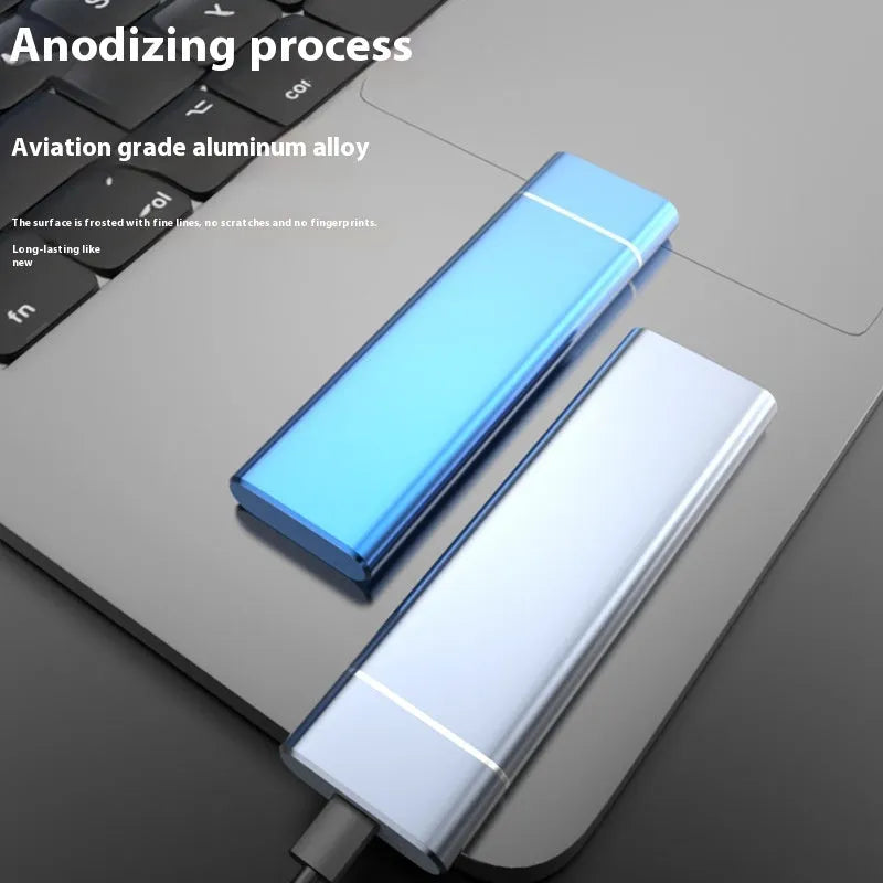 Sapphire blue metal external solid state hard disk with compact rectangular design