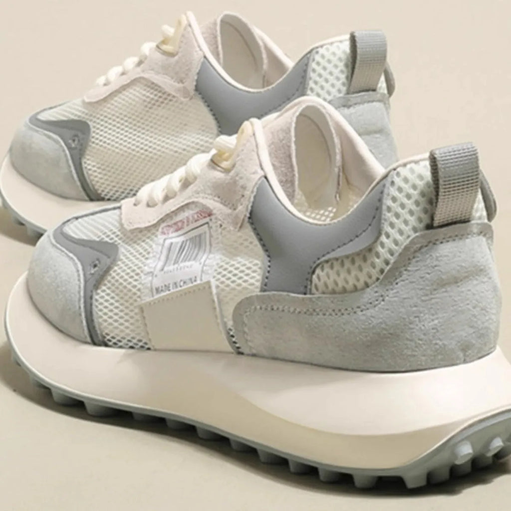Women's grey and pink retro casual sneakers with mesh lining and rubber sole, low-top design