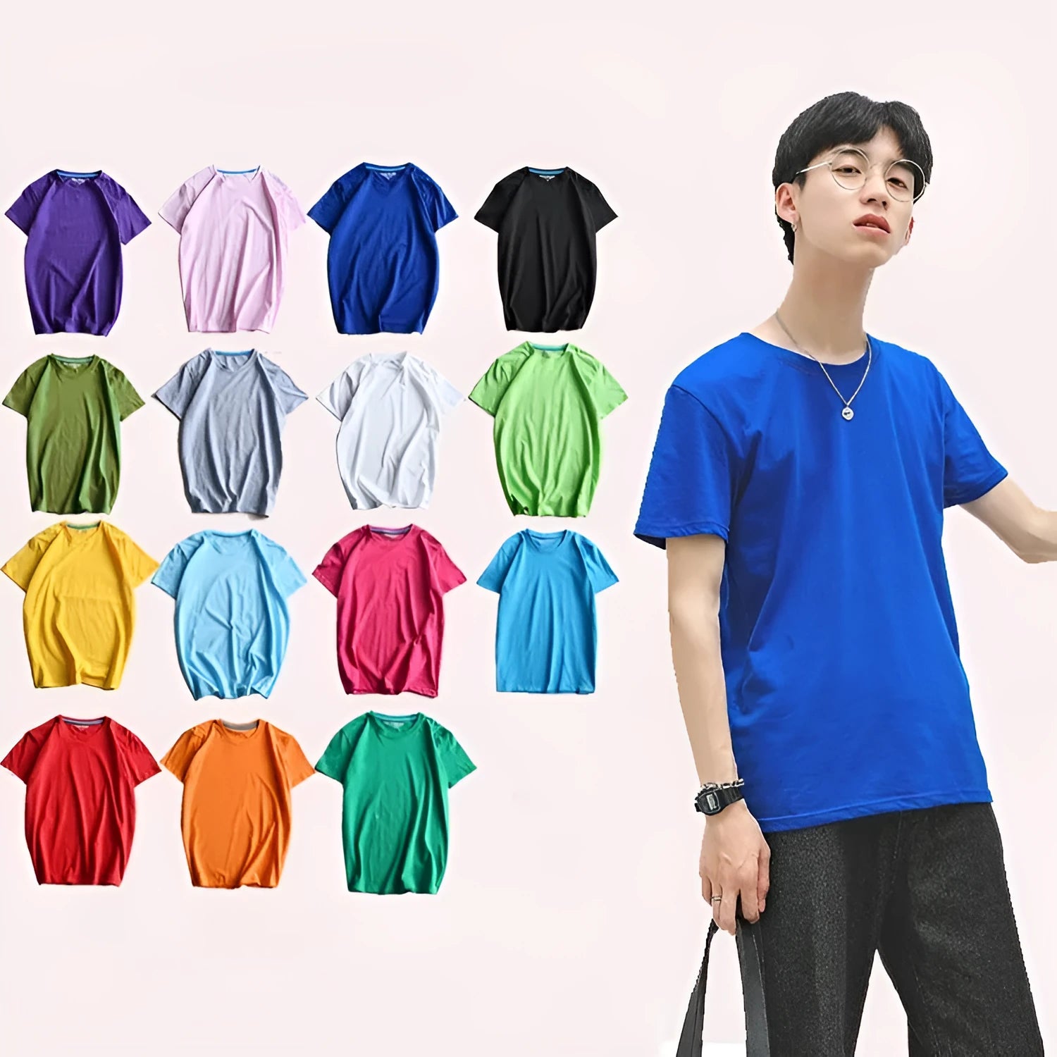 Men's solid colour round neck cotton t-shirt on a hanger