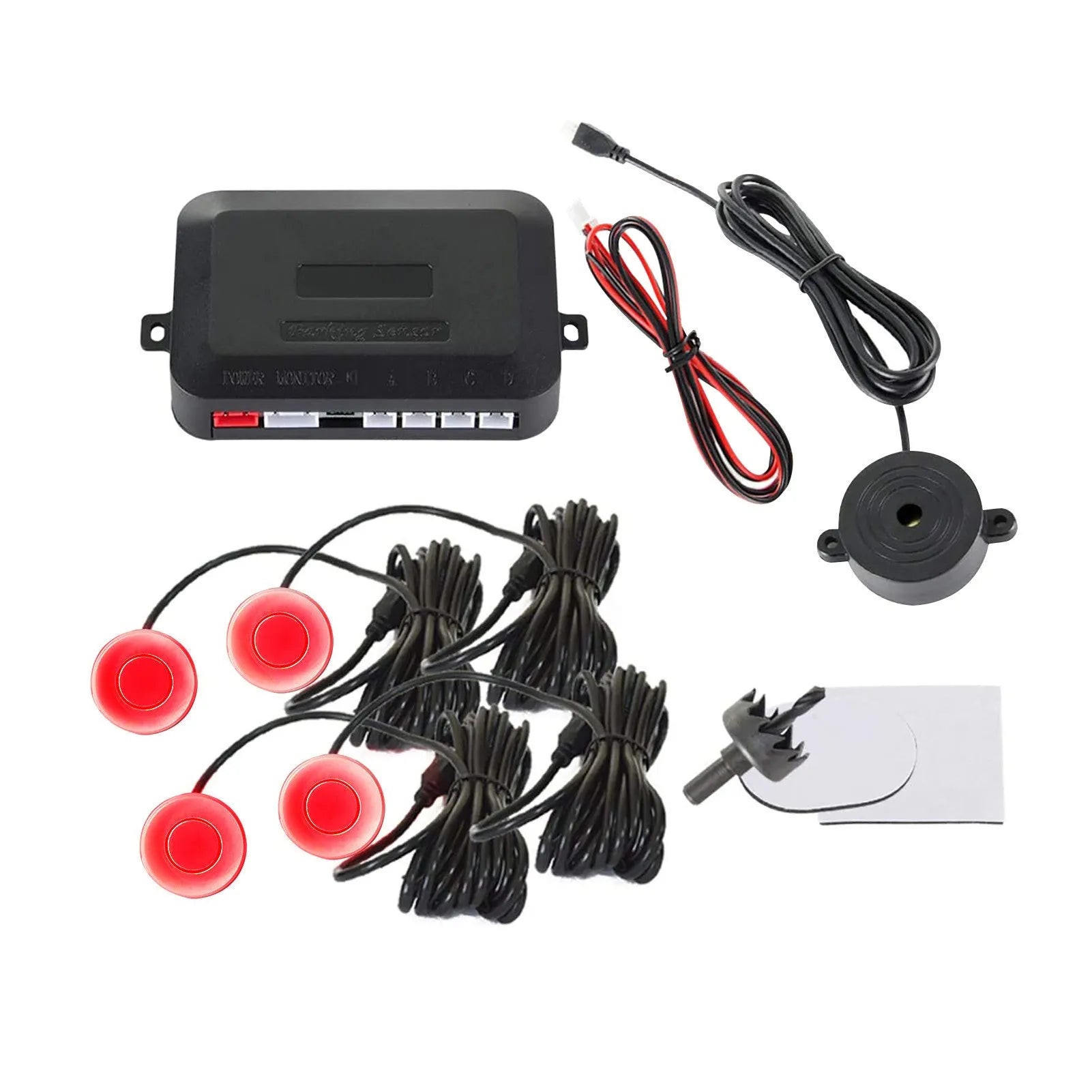 4-probe car reversing radar kit with sensors, command module, and installation tools