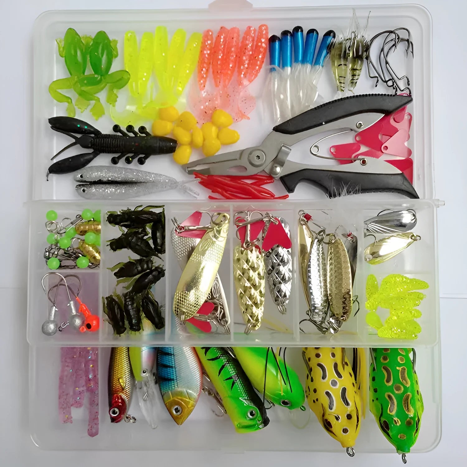 142-piece fishing lure set showing hard minnow lures, sequin lures, fishing pliers, and hooks arranged together