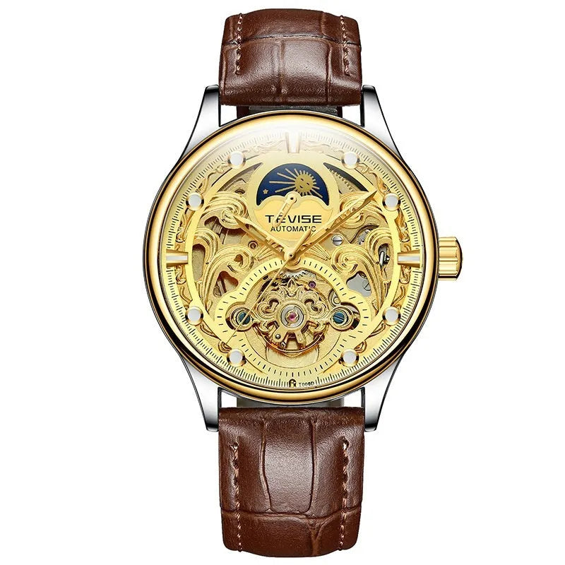 Men's waterproof automatic mechanical watch with leather strap and 16mm gold case