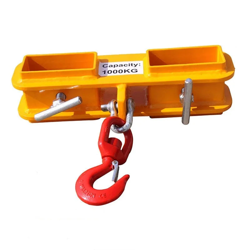 MK forklift rotatable crane hook with safety locking device mounted on forklift forks.