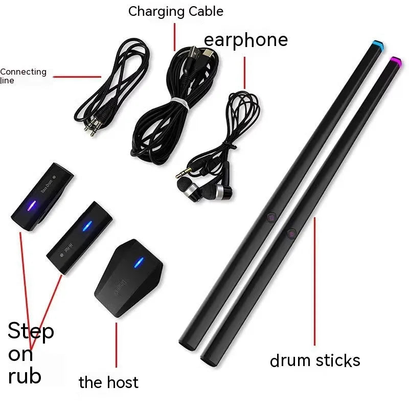 Black somatosensory air drum kit host unit with two drumsticks on a table, showing LED lights.