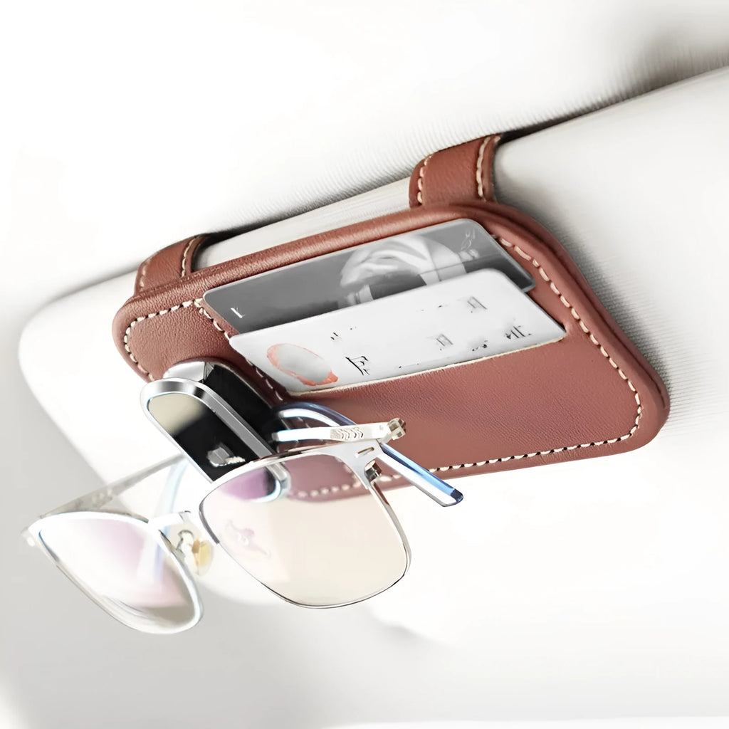 Cowhide leather car sun louver card holder with glasses clip in various colour options