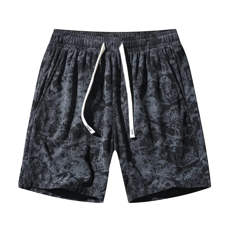 Men's camouflage patterned corduroy athletic shorts with straight leg and elastic waistband