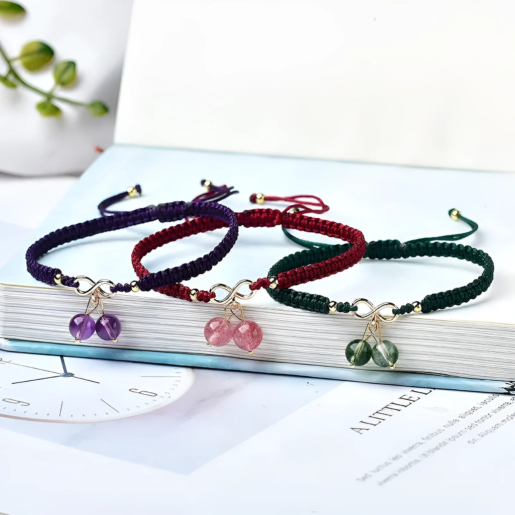 Women's natural strawberry quartz bracelet with fruit-shaped crystal beads in purple, green, and pink colour options