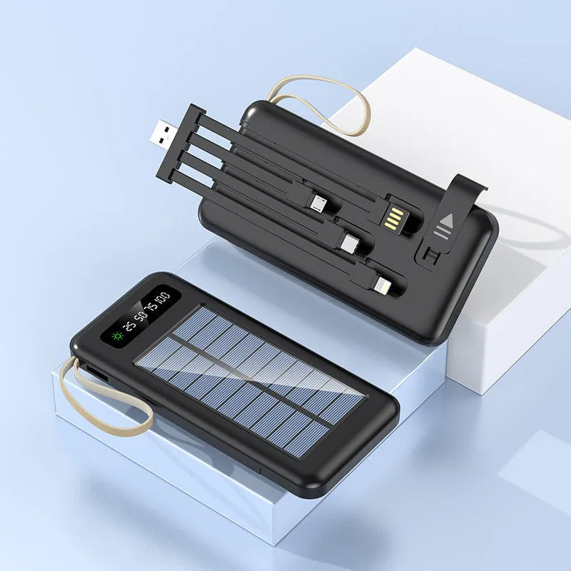 Black and white solar power bank showing its built-in solar panel and USB port.