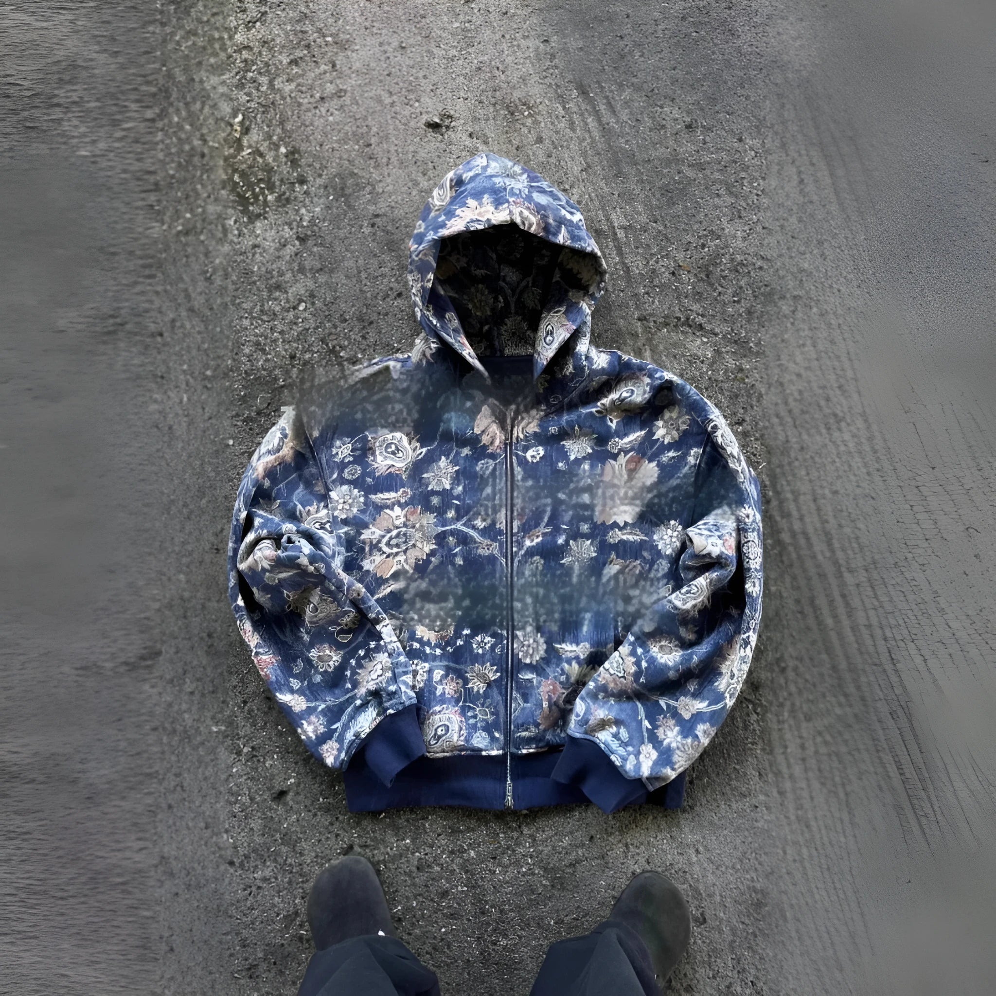 Man wearing a blue loose-fit hooded zip coat with digital print, long sleeves, for casual autumn wear.