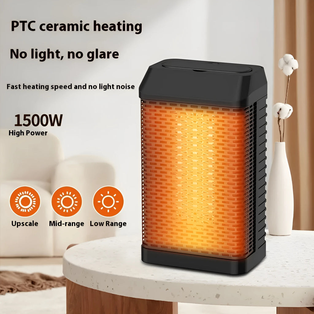 Black remote control desktop heater with compact design showing control knobs and air vents
