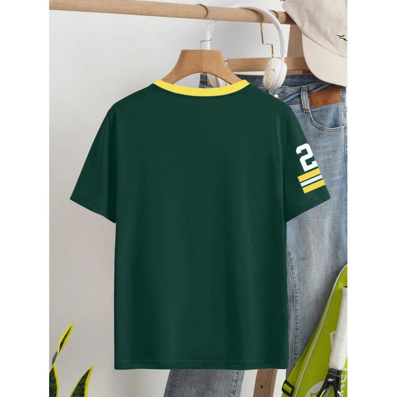 Red loose cotton t-shirt with white digital letter printing on the front.