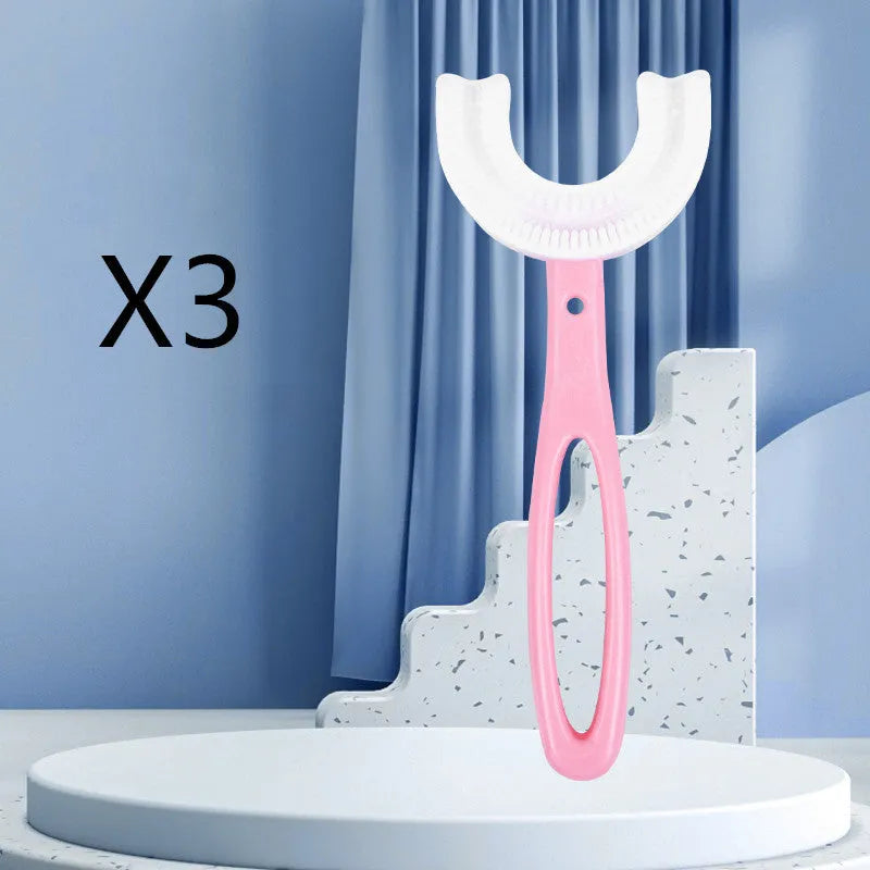 Children's U-shaped soft rubber toothbrush in pink and blue colours for milk teeth cleaning