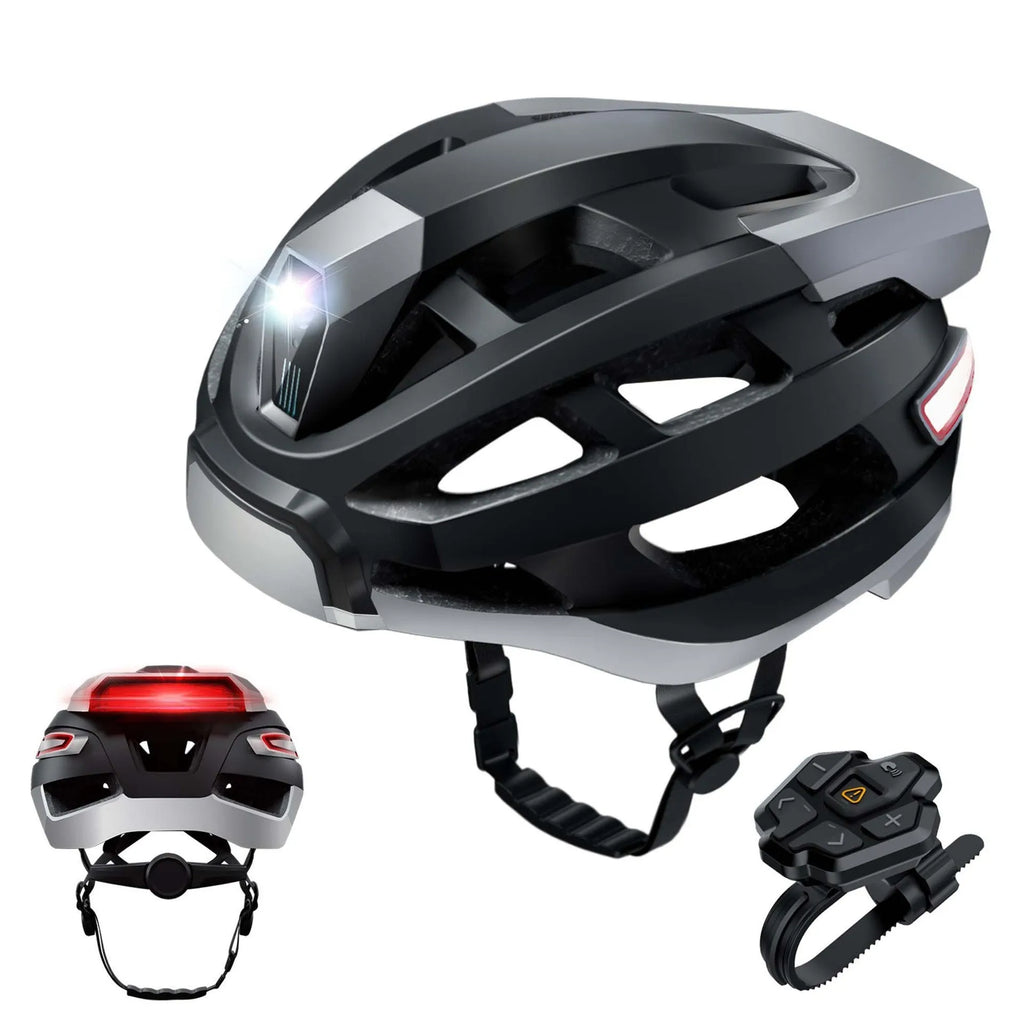 Black and grey smart Bluetooth integrated helmet with warning lights for adult cycling safety