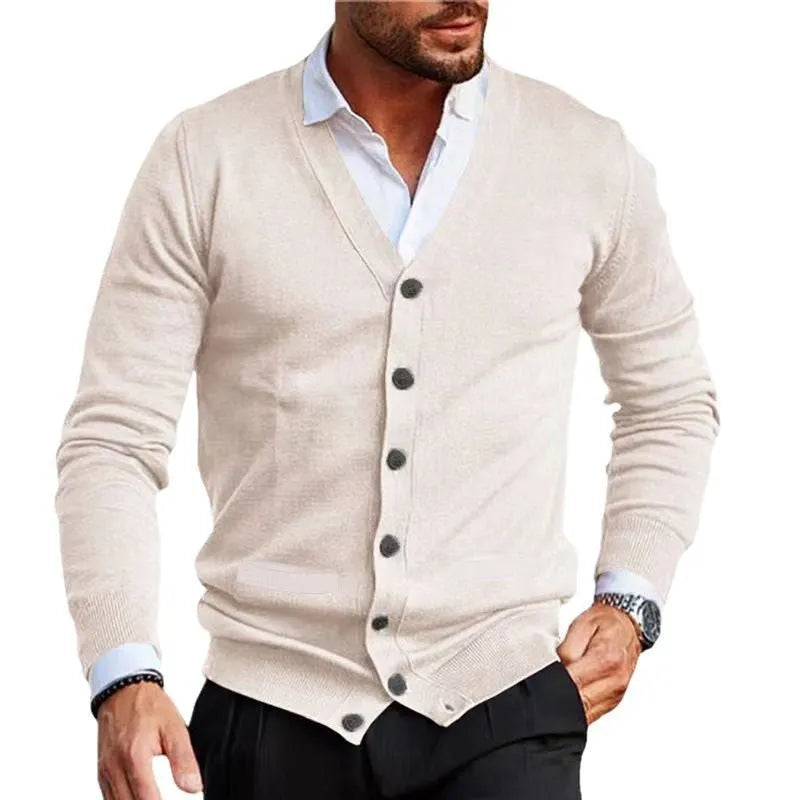 Men's slim fit acrylic cardigan in light grey, shown as a long-sleeved sweater coat open at the front.