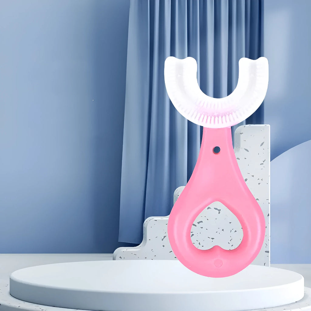 Children's U-shaped soft rubber toothbrush in pink and blue colours for milk teeth cleaning
