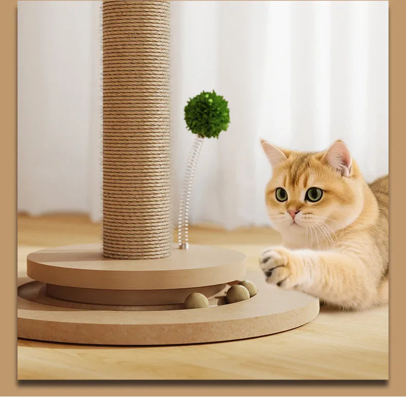 Vertical cat climbing frame with hemp rope wrapped posts on a density board base in canna colour