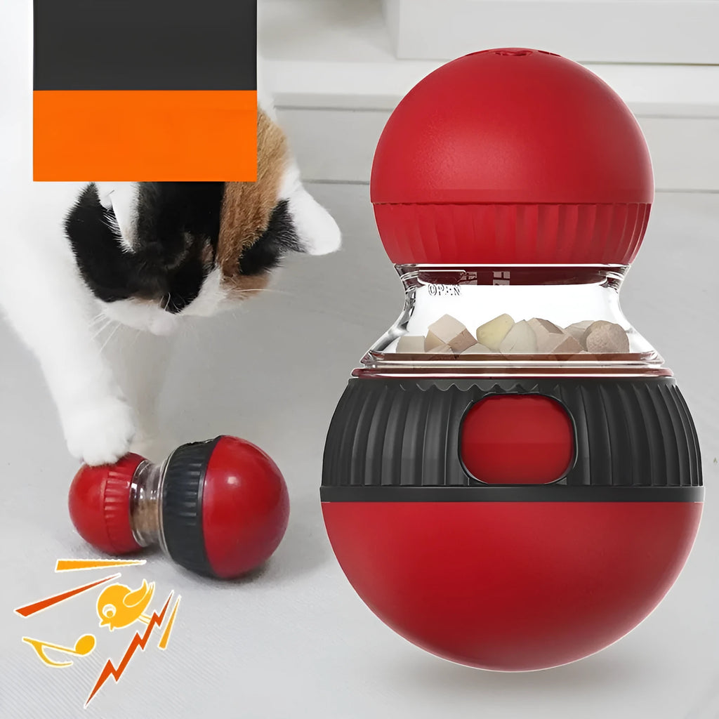 Plastic rotating cat toy with food dispenser and super ball for interactive pet play