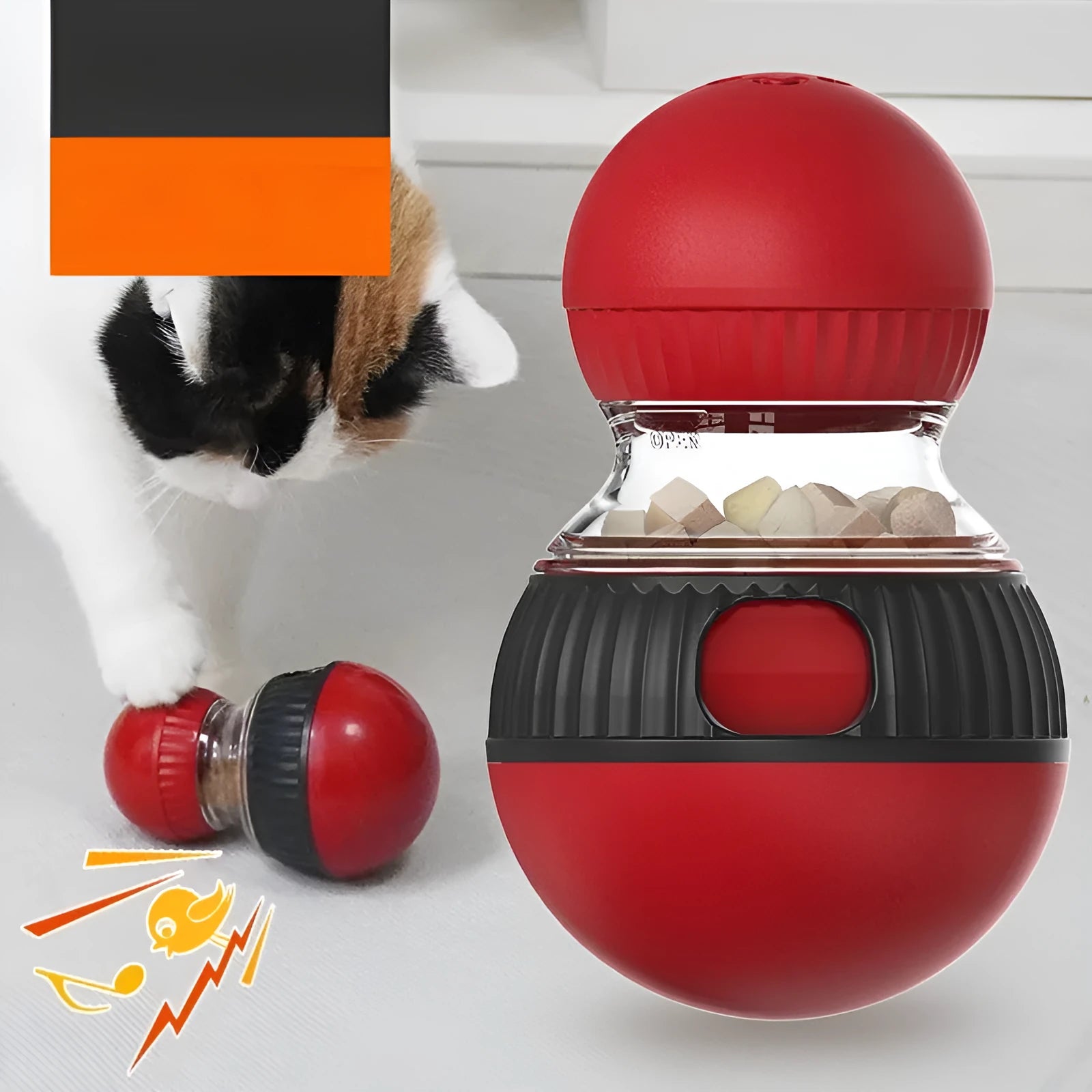 Plastic rotating cat toy with food dispenser and super ball for interactive pet play