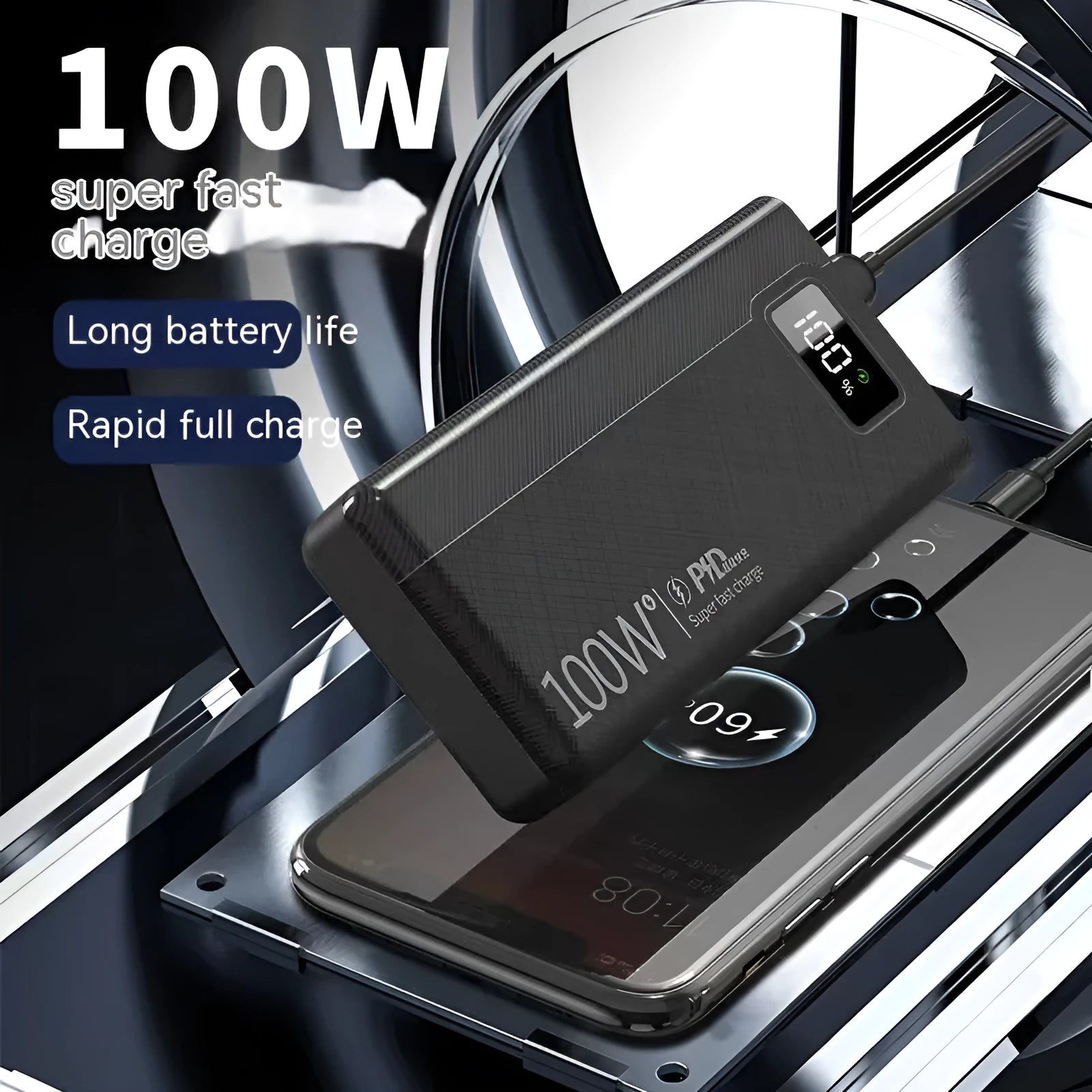Large capacity power bank in black or white plastic housing with dimensions from 150×76×30mm to 150×76×50mm