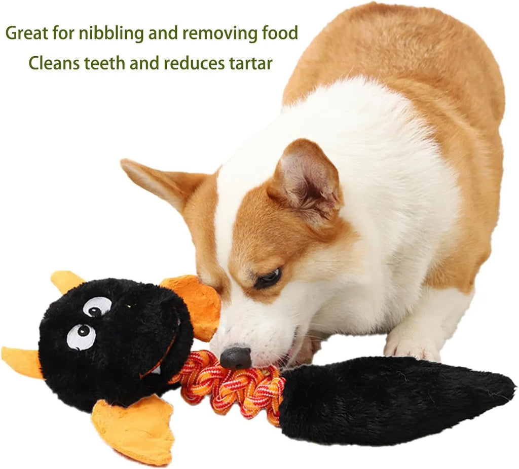Plush dog toy with cartoon shape, rope knot, in black, green, or red on white background.