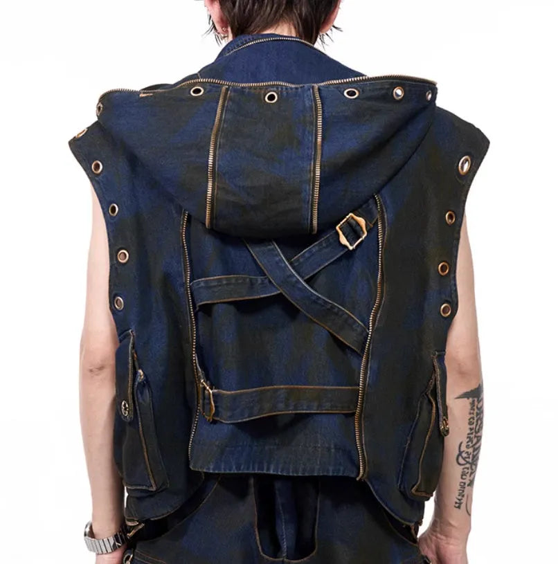 Blue Korean style hooded denim vest coat with matching trousers, front zip closure.