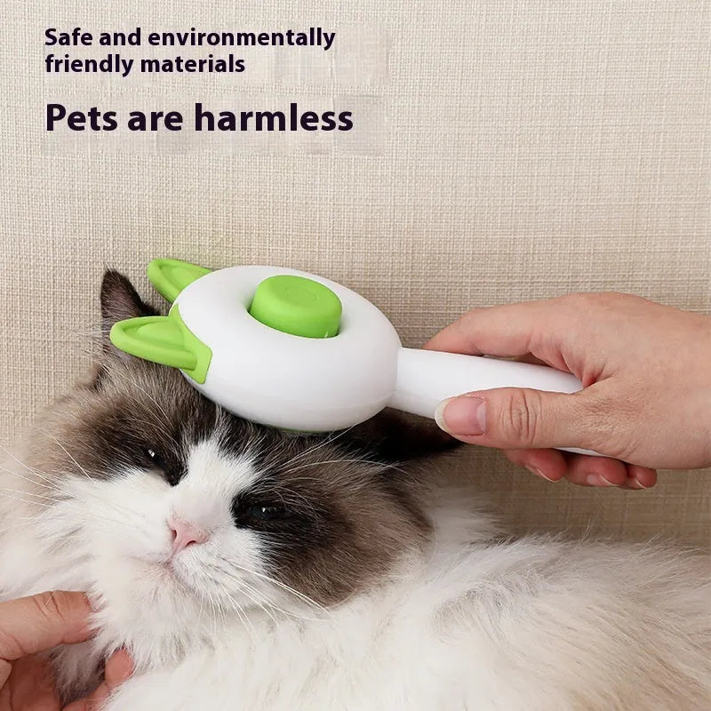 Self-cleaning cat grooming comb with stainless steel bristles in greenish white and orange white colour options