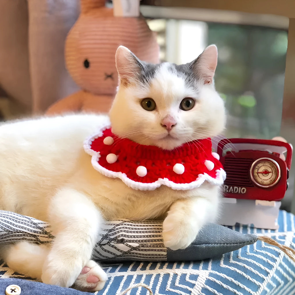Hand-knitted milk cotton pet collar with cartoon pattern, shown in multiple sizes for cats, dogs, and rabbits.