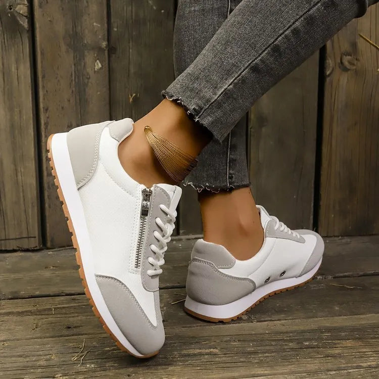 Women's flat-heeled shoes in grey, white and champagne colours with artificial PU upper and rubber sole