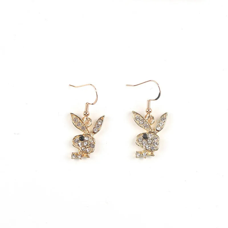 Rabbit stud earrings with diamond-cut surface detail in gold, pink and silver metallic finishes