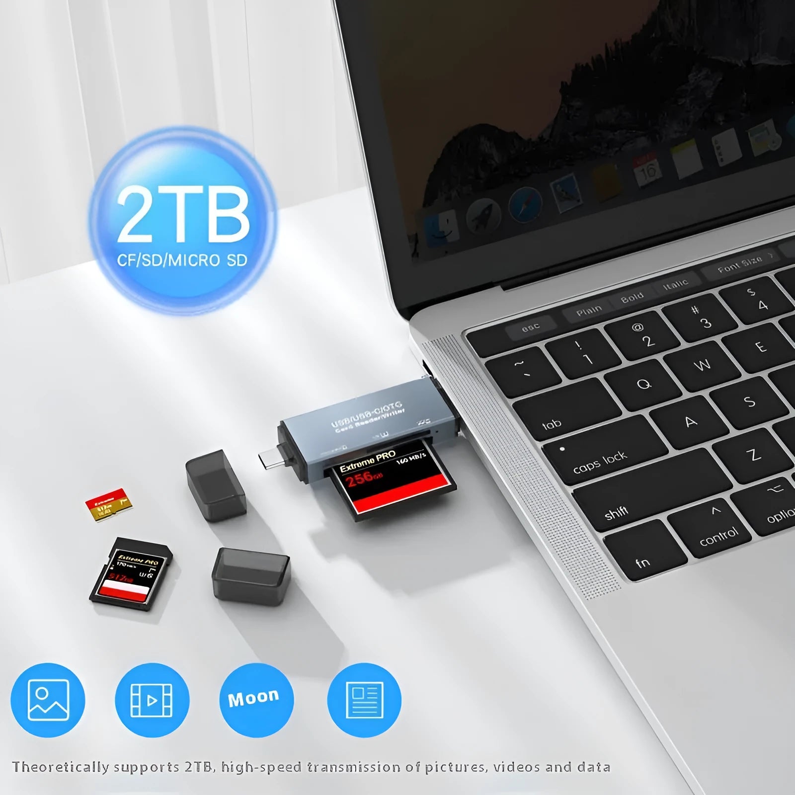 Compact aluminium alloy three-in-one card reader for CF, SD, and TF memory cards with USB and Type-C plugs.