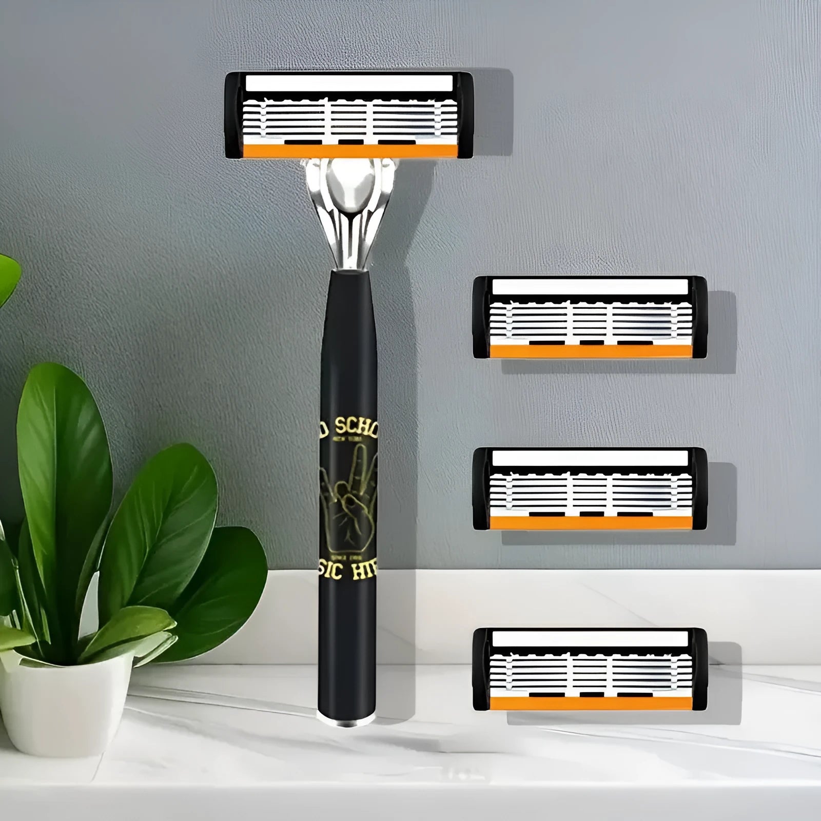 Black manual shaver cutter head with six-layer finger grip handle and multiple blade configurations.